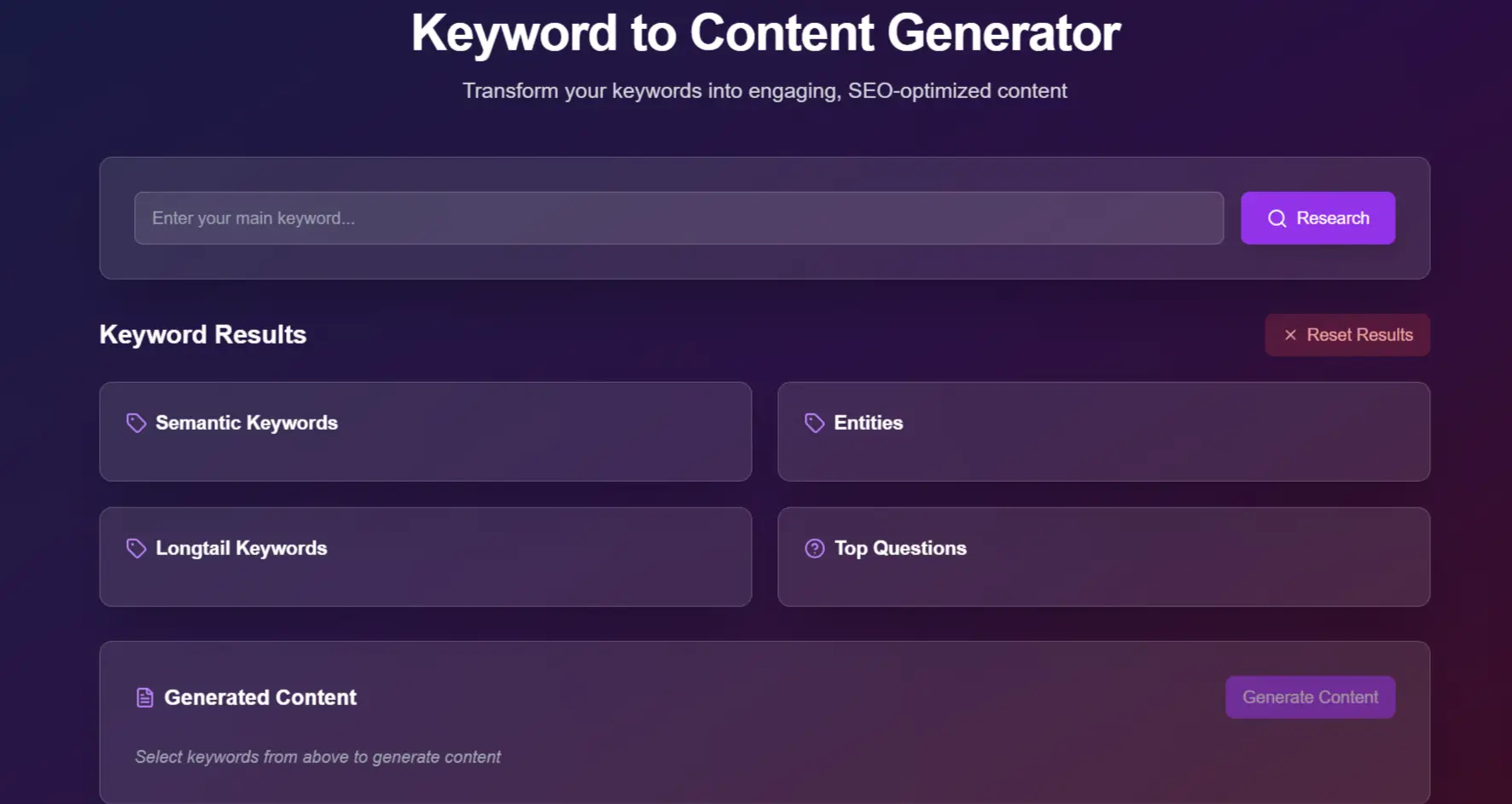 SEO content generation tool interface.