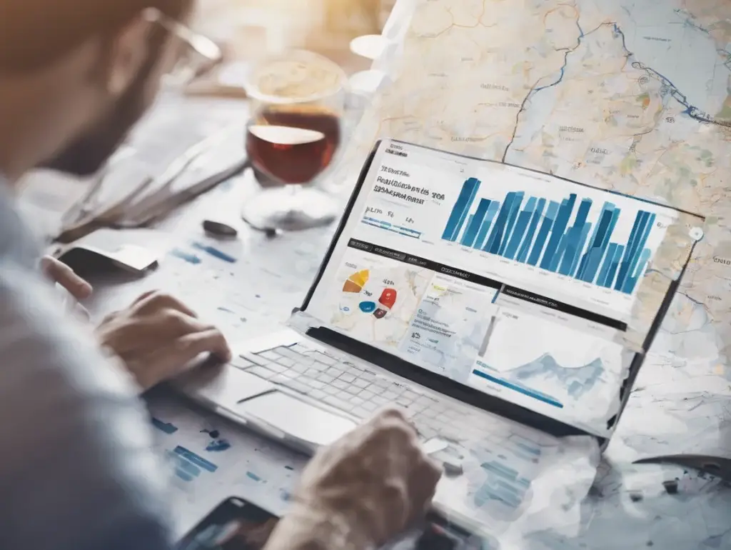 Person analyzing data charts on laptop with map.