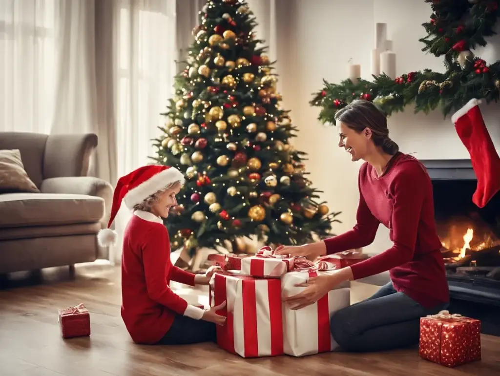Family opening gifts by the Christmas tree and fireplace.