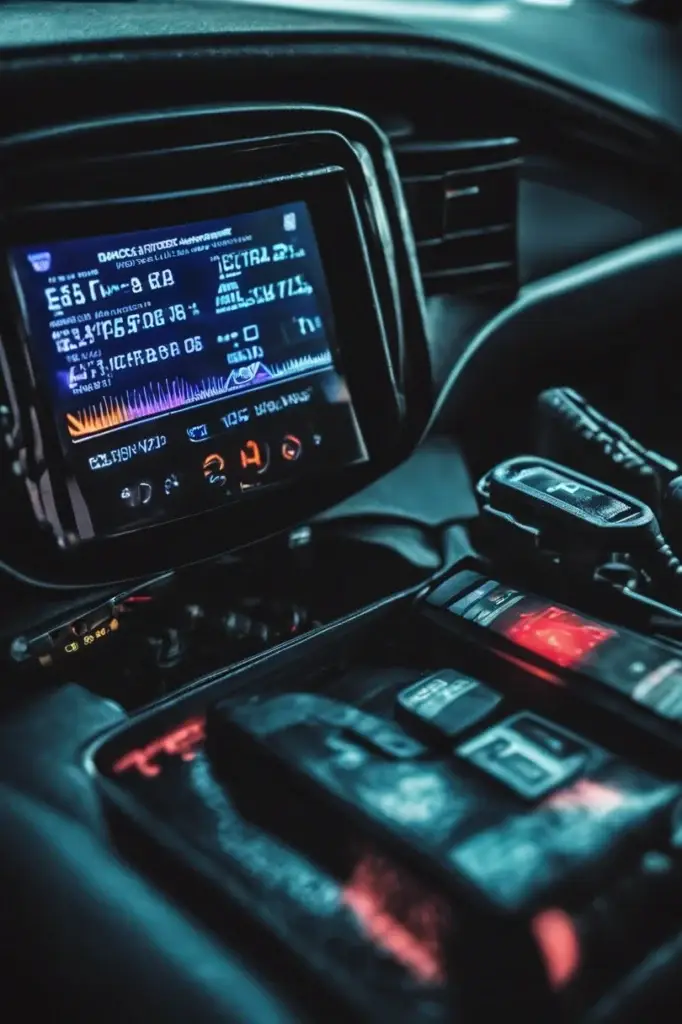 Car interior with digital dashboard display.