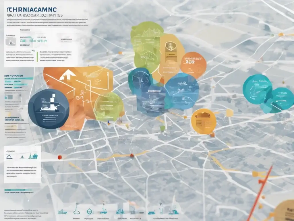 Abstract infographic map with colorful data bubbles.