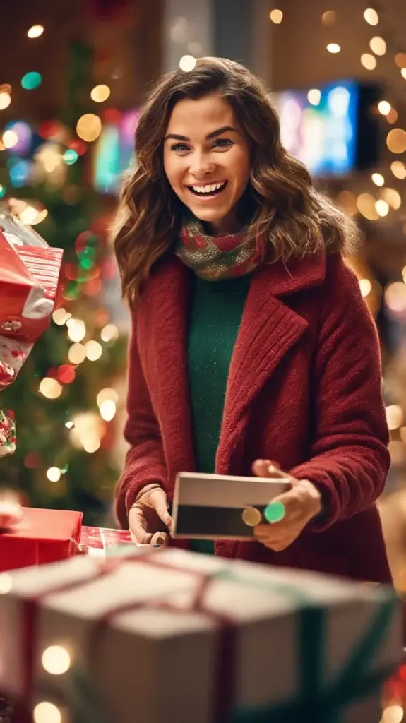 Smiling woman with gift boxes, festive lights glowing.